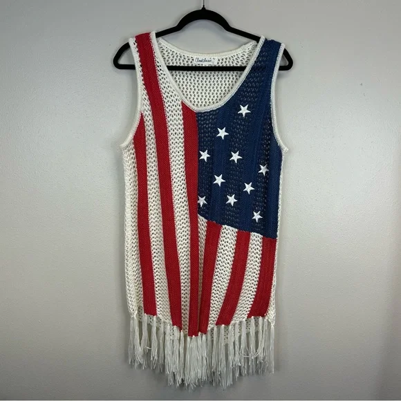 Cloud Chaser 1X Womens Knit American Flag Fringe Tank Top USA Summer Patriotic - Picture 1 of 9